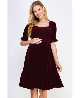 Maternity Velvet Empire Waist Puff Sleeve Smocked Neck Dress