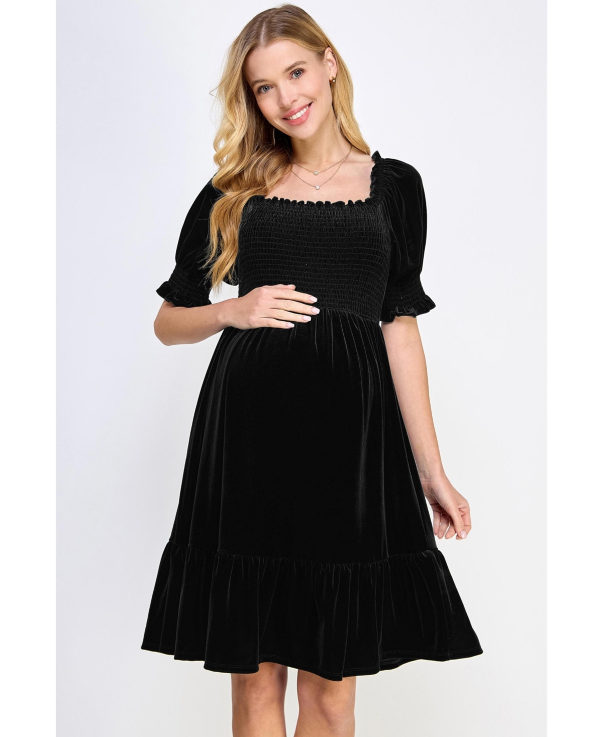 Hello Miz Maternity Velvet Empire Waist Puff Sleeve Smocked Neck Dress