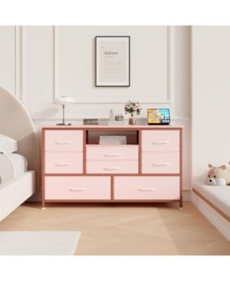 8-Drawer Dresser TV Stand with LED Lights & Charging Station, 55" Entertainment Center Storage, Rustic Brown, Pink