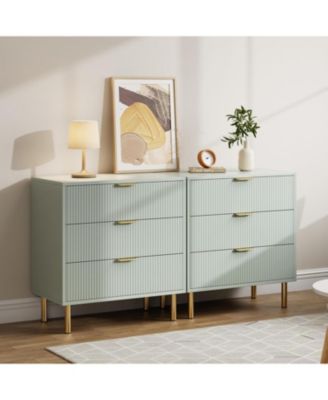 3-Drawer Modern Green Dresser, 30" Tall, Fluted Chest with Gold Handles, Anti-Tip Device, Bedroom, Living Room, Kids Room