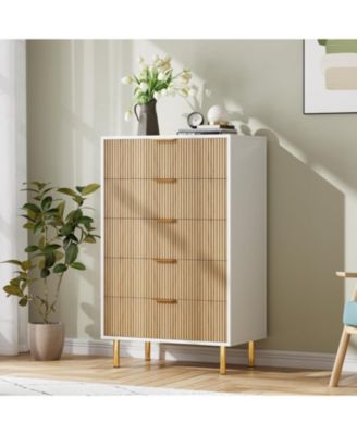 5-Drawer Modern Natural Dresser, Wood Chest Organizer with Gold Handle, Tall Cabinet for Bedroom, Living Room, Entryway