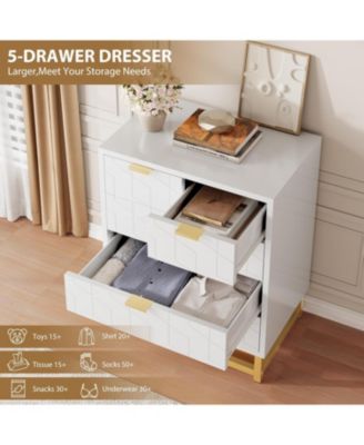5-Drawer White Bedroom Dresser with Metal Base, Modern Chest Cabinet Organizer for Living Room, Hallway, Closet