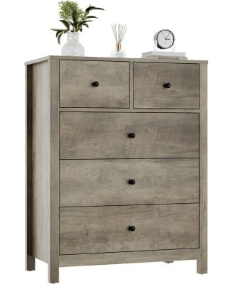 5-Drawer Grey Modern Dresser, Tall Chest, Deep Drawers, Metal Knobs, Wooden Double Storage for Kids Bedroom, Entryway