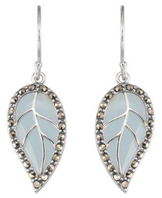 Marcasite Blue Agate (3.3 ct. t.w.) Leaf Wire Earrings in Sterling Silver