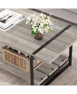 2-Tier Large Coffee Table 41" Wood with Storage Shelf, Farmhouse Metal Frame, Living Room