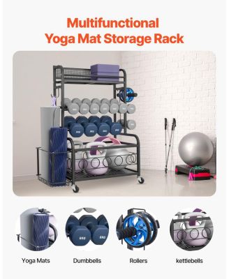 Yoga Mat Storage Rack, Steel Organizer with Hooks and Wheels for Dumbbells, Kettlebells and Fitness Accessories