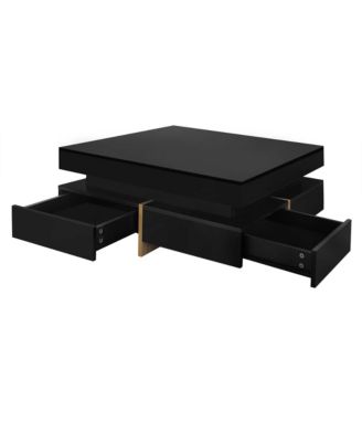 High Gloss Coffee Table with 4 Drawers, Multi Storage, Wood Grain Legs