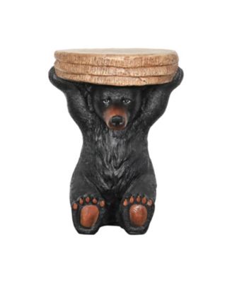 20.8" H Black Bear Side Table - Rustic Bear Statue End Table Holding Tree Stump Tray for Porch, Patio, Garden, or Living Room Decor
