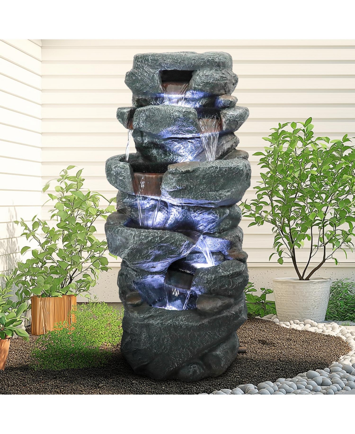 Sunjet 40.5" H 5-Tier Concrete Water Fountain – Indoor/Outdoor Cascading Waterfall with Built-in Led Lights for Home, Garden, Backyard Dec