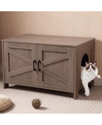 Greige Barn Door Cat Litter Box Enclosure End Table