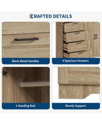 Modern Wooden Dresser for Bedroom, 43.3" 2-Door Wardrobe Armoire, 4 Drawers, Hanging Rod, Storage Cabinet