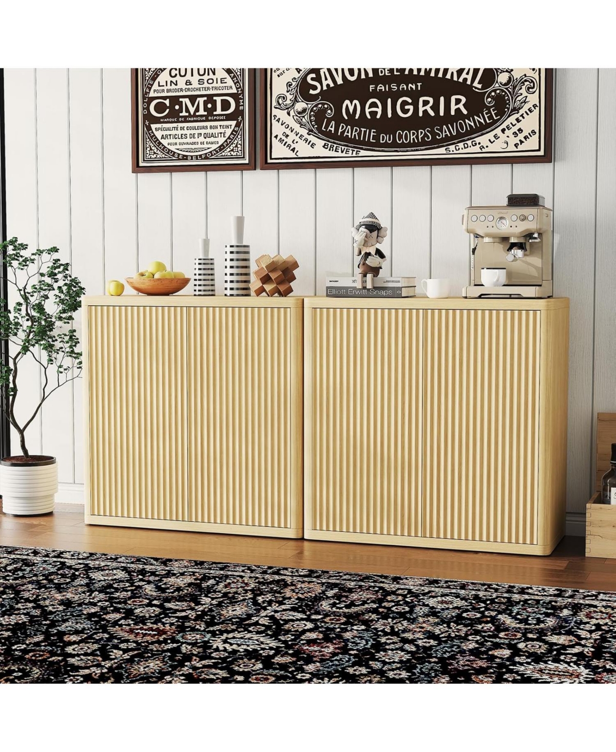 gaomon 3-Tier Buffet Cabinet with Storage, Storage Cabinet with Double Fluted Doors & Adjustable Shelves