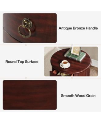 Solid Wood End Table, Round Side Table with 4 Drawers