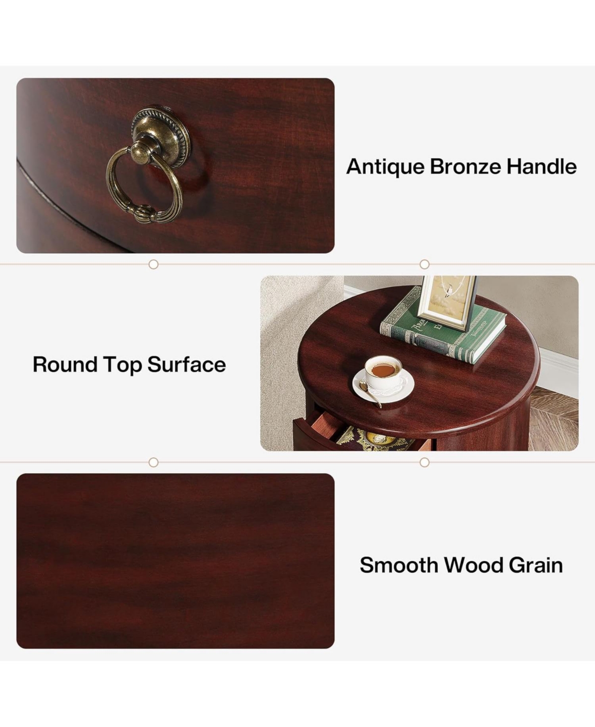 Tribesigns Solid Wood End Table, Round Side Table with 4 Drawers