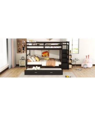 Full Over Full Bunk Bed With Twin Size Trundle And Staircase, Espresso
