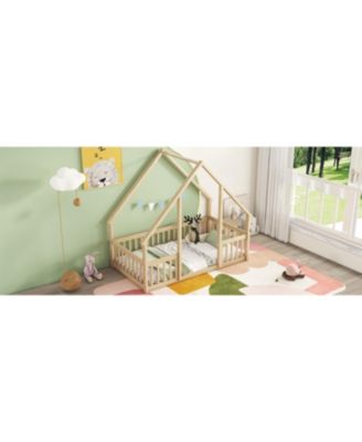 Twin Wood House-Shaped Floor Bed with Fence, Guardrails.
