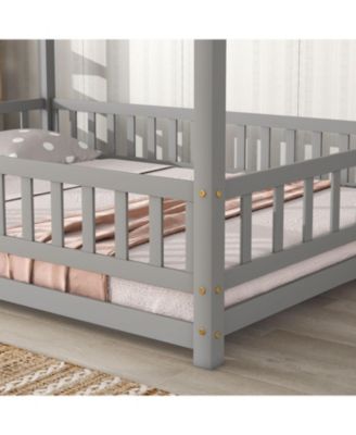Wooden House Bed with Guardrails (Grey)