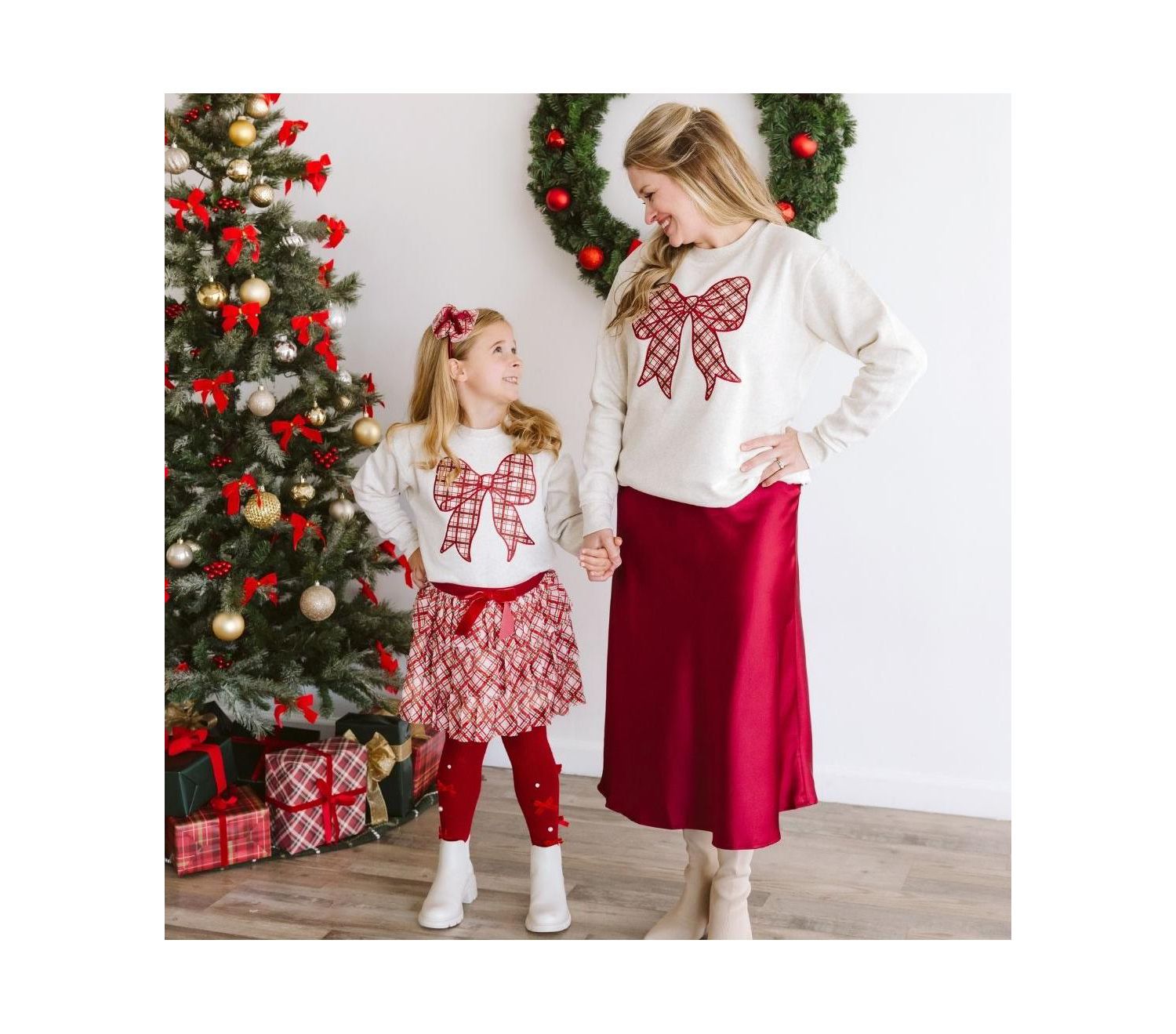 Little Girls Christmas Plaid Bow Patch Sweatshirt