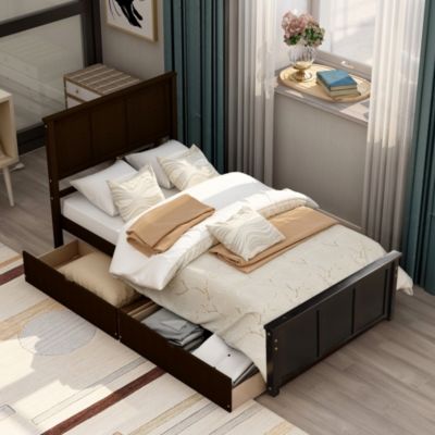 Full Size Wood Platform Bed with House-shaped Storage Headboard and 2 Drawers