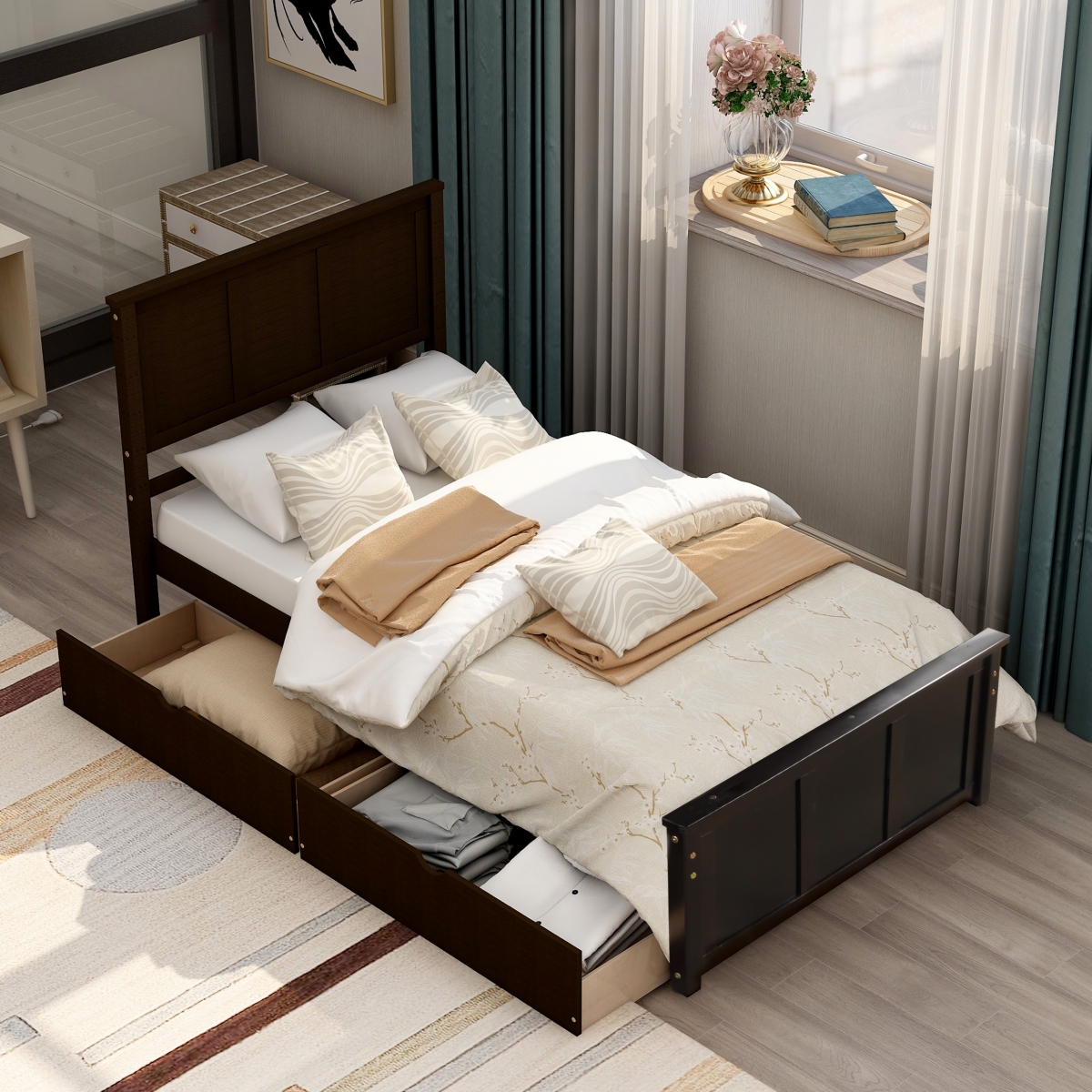 Boyel Living Full Wood Platform Bed with House-shaped Storage Headboard and 2 Drawers