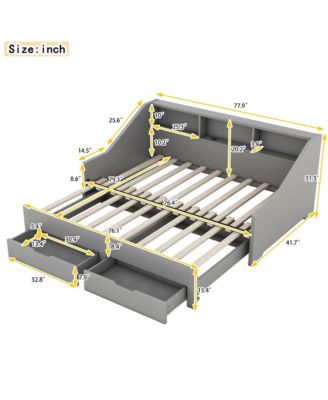 Twin to King Size Daybed Frame with Storage Bookcases and Two Drawers,Charging Design