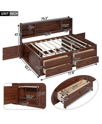 Full Size Wooden Captain Bed with Built-in Storage Shelves, 4 Drawers and 2 Cabinets