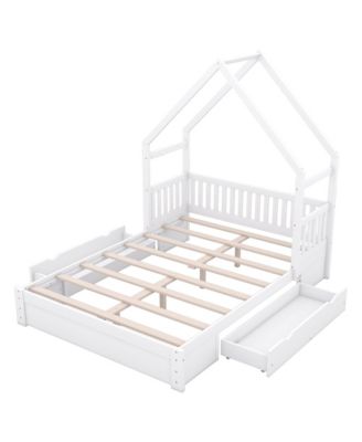 Wood Queen Size House Platform Bed with Guardrail and 2 Drawers