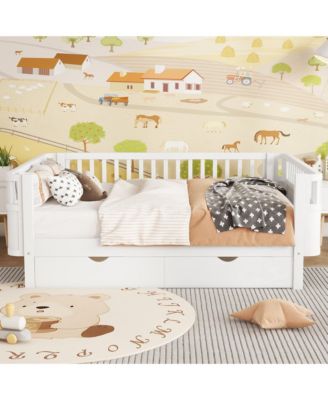 Full Size Wood Platform Bed for Kids with Low Profile, Safety Rails and Wheeled Storage Drawers