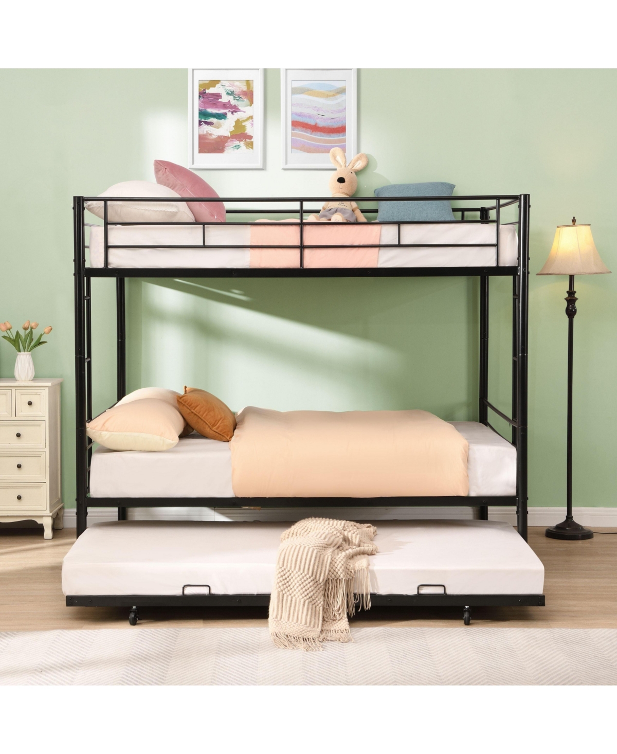 Boyel Living Full Over Full Metal Bunk Bed with Trundle, No Box Spring Needed, Easy Assemble Black
