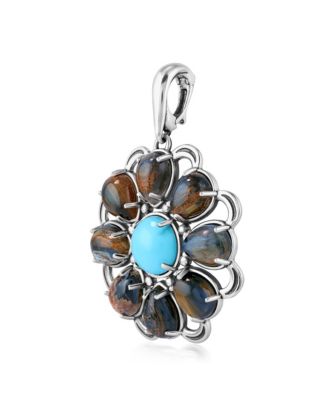 Sterling Silver Blue Pietersite and Kingman Turquoise Flower Pendant Enhancer