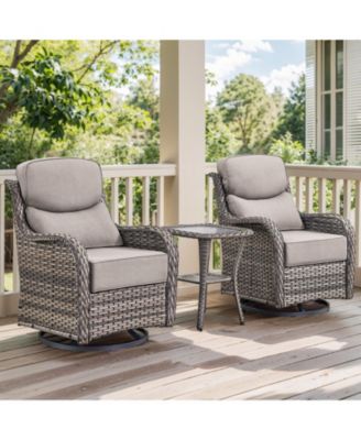 3-Piece Wicker Patio Conversation Set with Crescent Swivel Glider Chairs, Olefin 6-Inch Thick Cushions, and End Table