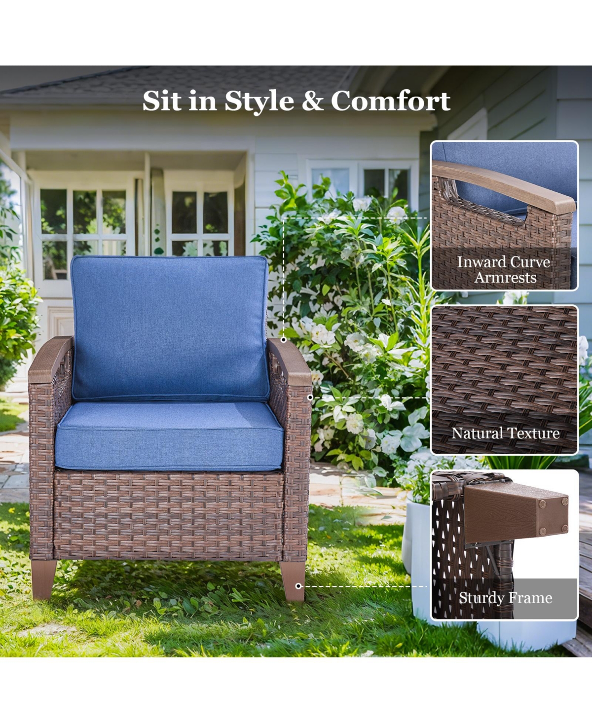 Gymojoy Farmhouse 2-Piece Brown Pe Wicker Outdoor Lounge Chair with Olefin Cushions
