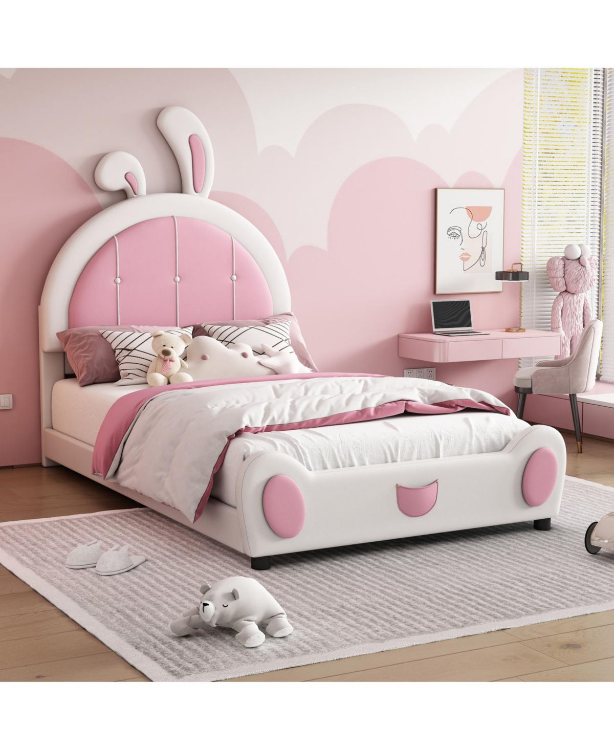 Streamdale Furniture Twin Size Upholstered Platform Bed with Ribbit Shaped Headboard