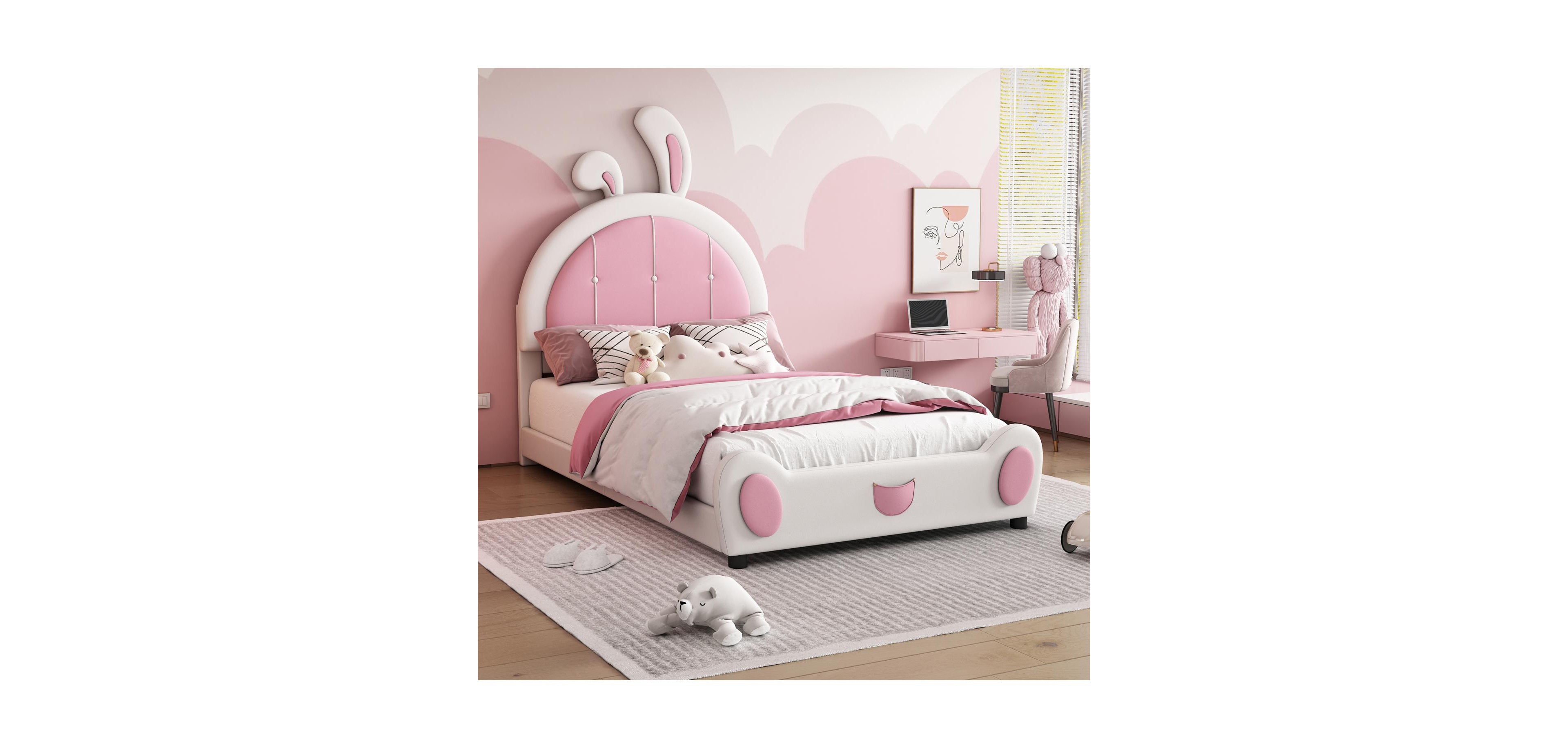 Streamdale Furniture Twin Size Upholstered Platform Bed with Ribbit Shaped Headboard