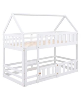 over Twin House Bunk Bed with Fence and Door, White
