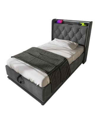 Twin-Size Upholstered LED Bed with Hydraulic Storage