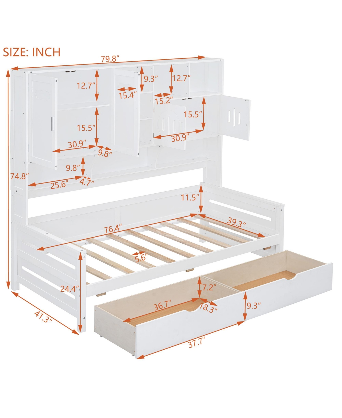 Streamdale Furniture Twin Daybed with Drawers, Cabinet, and Shelf