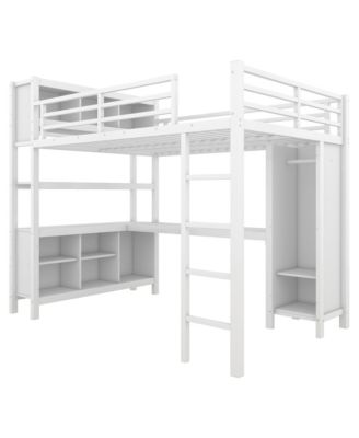 White Metal Loft Bed with Wardrobe, Desk & Storage