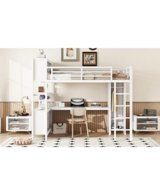 White Metal Loft Bed with Wardrobe, Desk & Storage