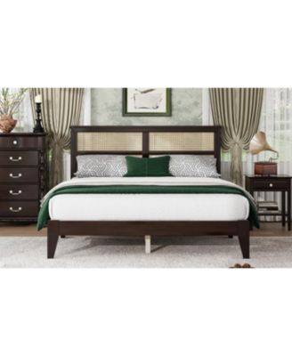 Queen Espresso Wood Bed Rattan Headboard