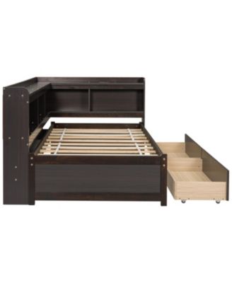 Twin L-Shaped Bookcase Bed w/ Outlets & Drawers - Espresso