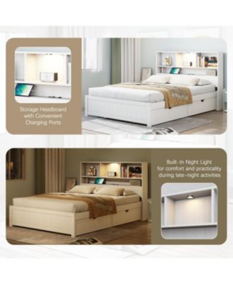 Twin Platform Bed with Bookcase Headboard, Downlight, Charger, Drawers