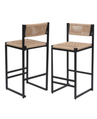 Kitchen Bar Stools with Footrest Set of 2 Paper Rope Weave Dining Chairs Counter Height Barstool