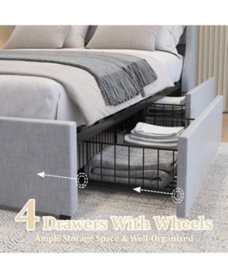  Queen Size Bed Frame with 4 Storage Drawers and Wingback Headboard, Button Tufted Design, Light Grey