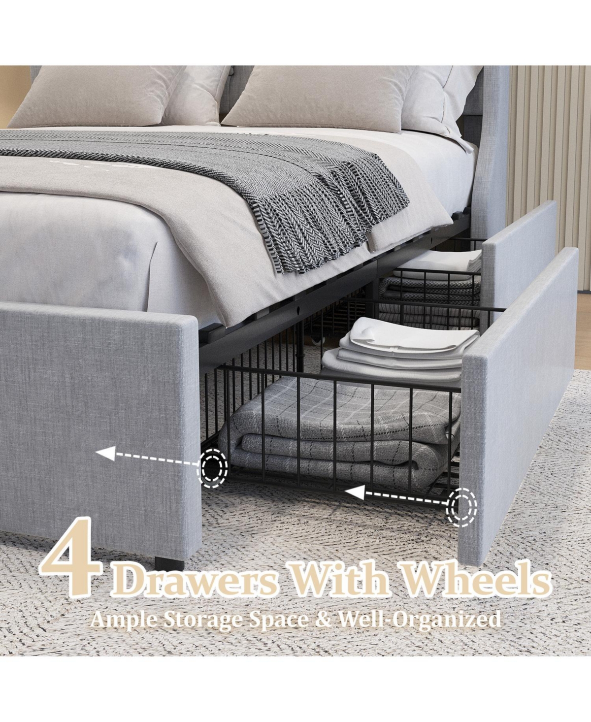Streamdale Furniture Queen Size Bed Frame with 4 Storage Drawers and Wingback Headboard, Button Tufted Design, Light Grey