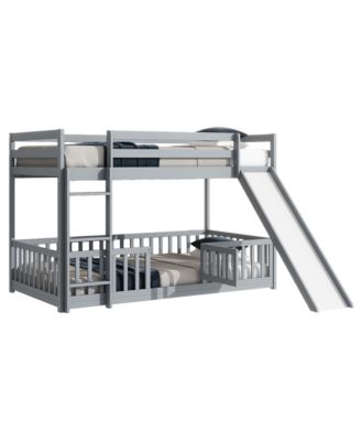 Twin Over Twin Floor Bunk Bed with Slide, Ladder, Door, Safety Guardrails, Solid Pine Wood Bunk Bed