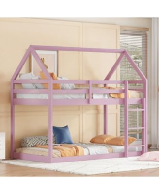 Twin over Twin Rubber Wood Floor Bunk Bed, with ladder,Guardrails,House-Shaped-Bunk Bed