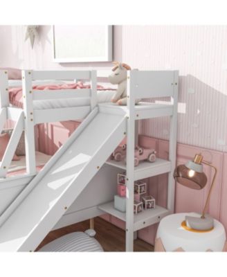 Twin over Full Bunk Bed with 2 Drawers, Slide, Shelves, Ladder, Rubber Wood Bunk Bed with Slide, Drawers