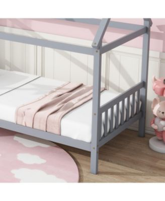  Twin House Bed with Headboard and Footboard, Twin Rubber Wood Bed with House Frame