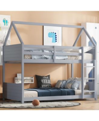 House Bunk Bed with Headboards, Footboards, Ladder, Guardrails